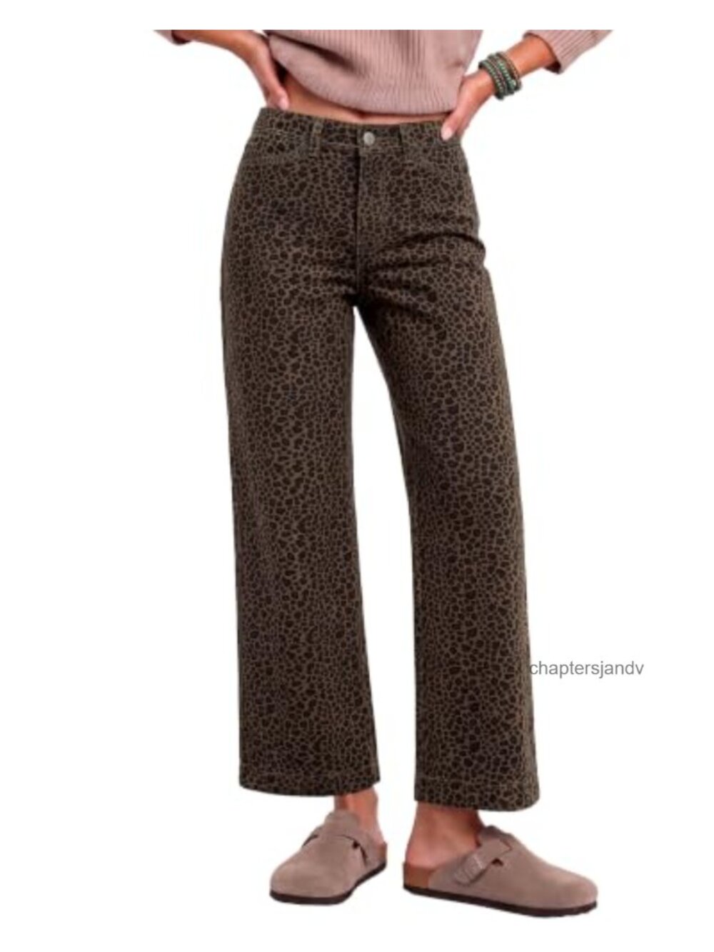Wide Leg Leopard Print Ankle Denim Jeans Stretch High Rise Pants